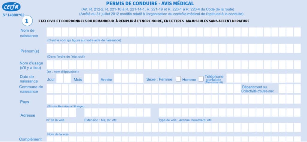 Télécharger la dernière version officielle du formulaire Cerfa remplissable et modifiable 14880*02 pour la visite médicale pour le permis de conduire 14880*02