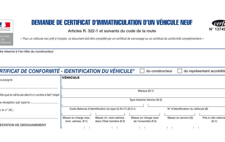 CERFA 13749*05 : formulaire pour une demande de carte grise (certificat d’immatriculation) pour un véhicule neuf