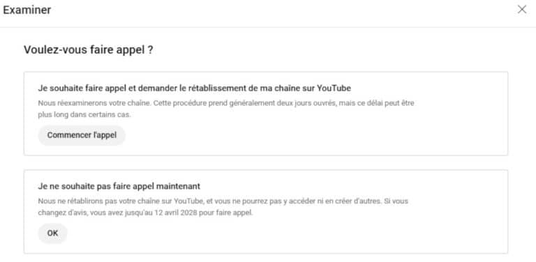 Lettre pour faire appel de la suppression de sa chaîne YouTube