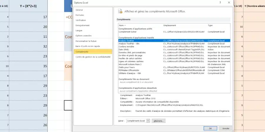 Modèle de tableau avec des coefficients de corrélation sous Excel