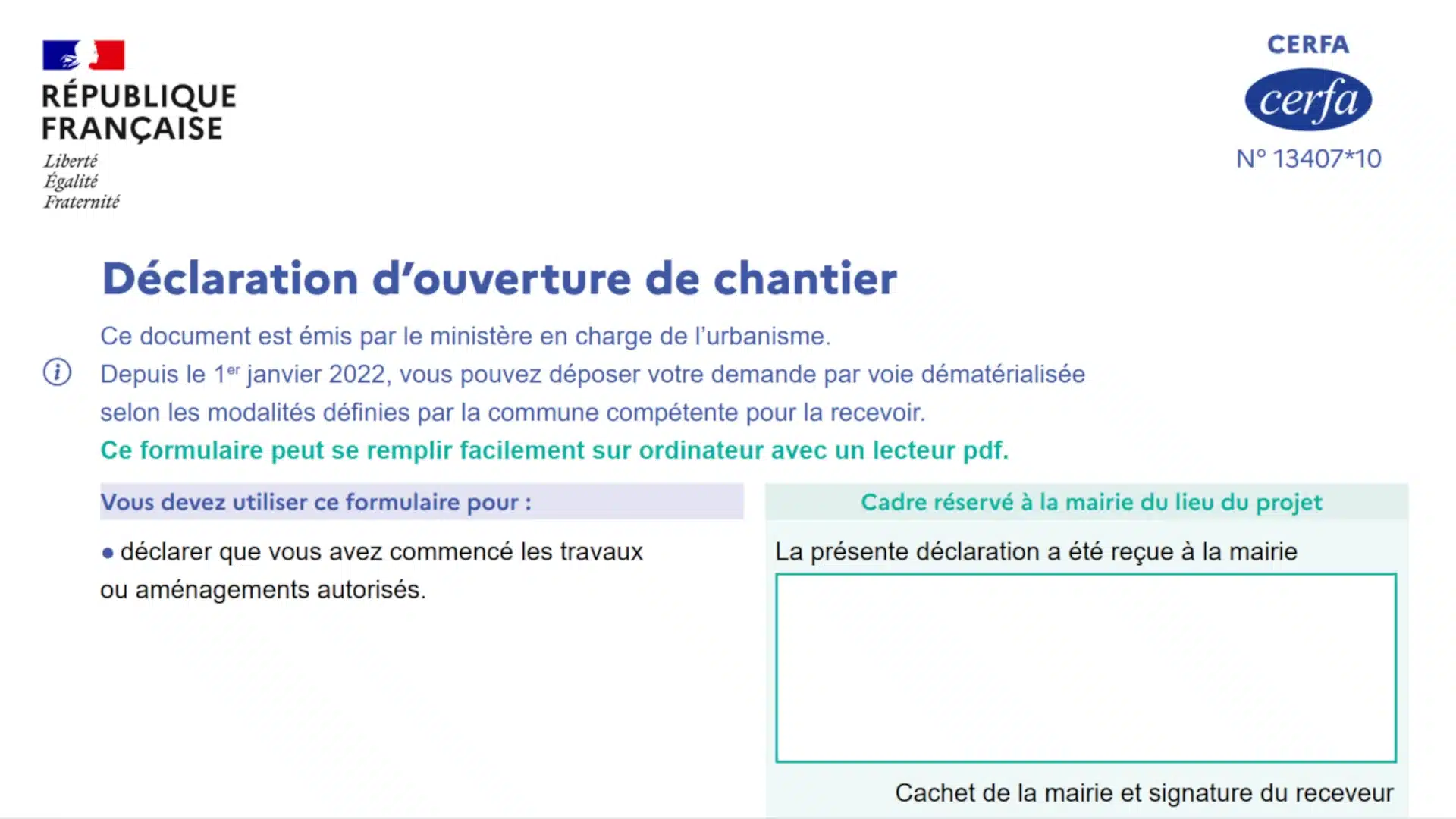 Télécharger la dernière version officielle du formulaire Cerfa 13407*10