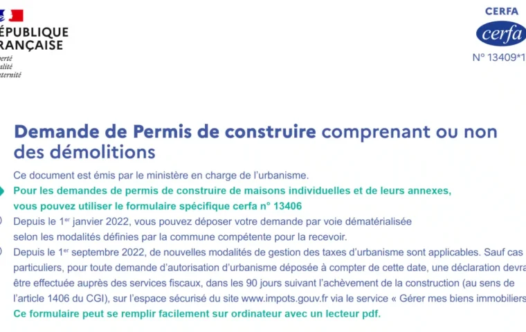 Cerfa 13409*15 : formulaire pour une demande de permis de construire ou d’aménager