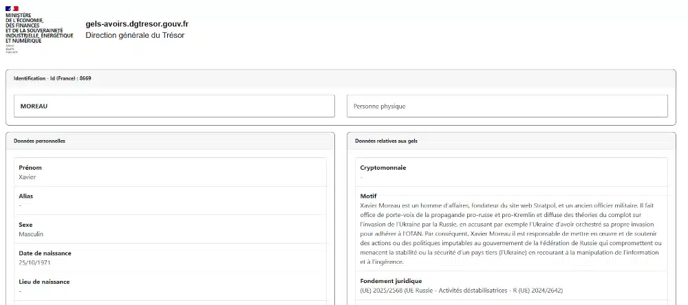 Mise sous gel des avoirs de Xavier Moreau par l’administration française (Direction du Trésor)