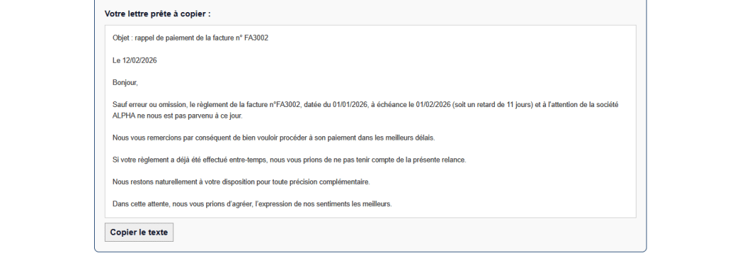 Générateur de lettres de relance pour les factures impayées
