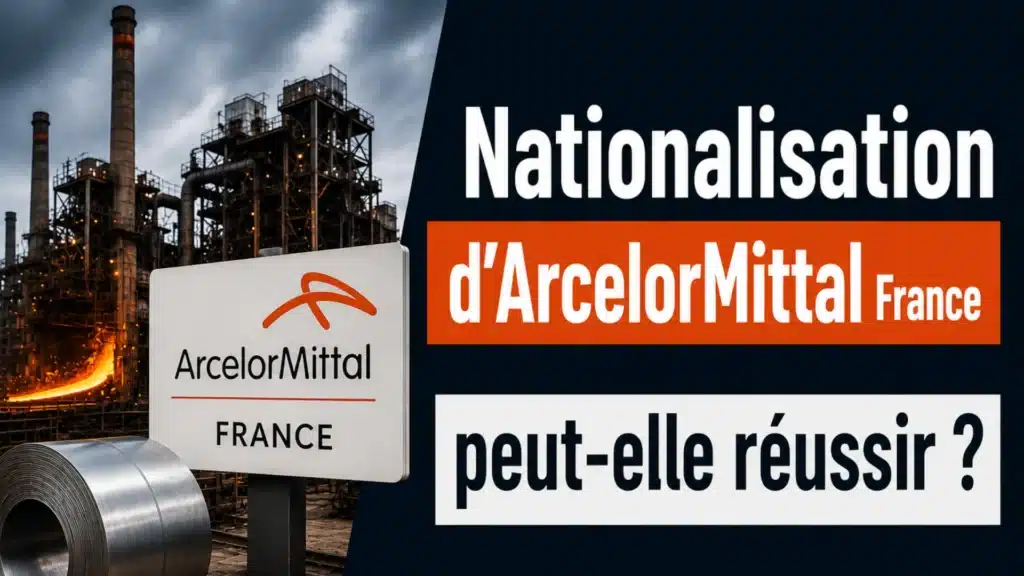 Illustration de la nationalisation d’ArcelorMittal France avec une usine sidérurgique et un visuel d’analyse économique.