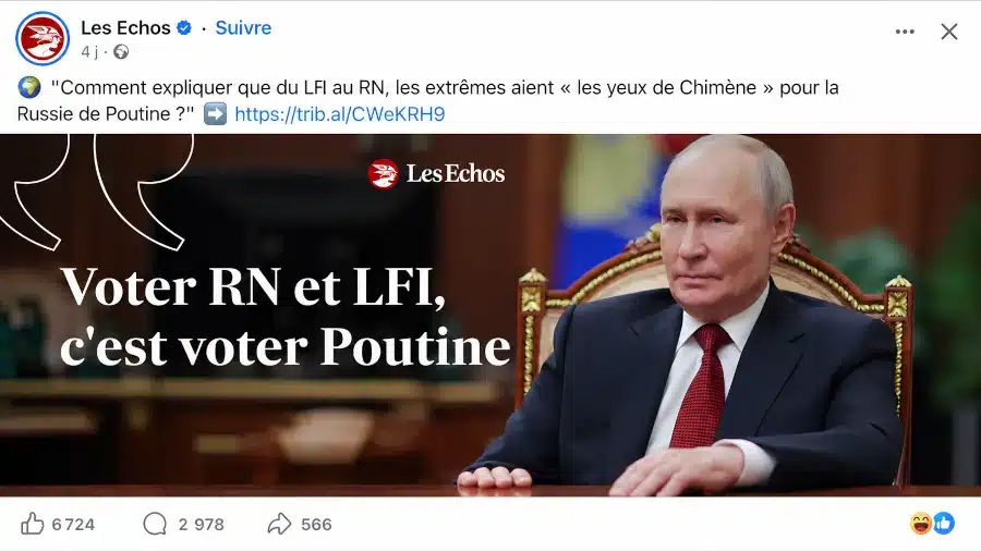 Publication du journal Les Échos assimilant le vote RN et LFI à un soutien à Vladimir Poutine