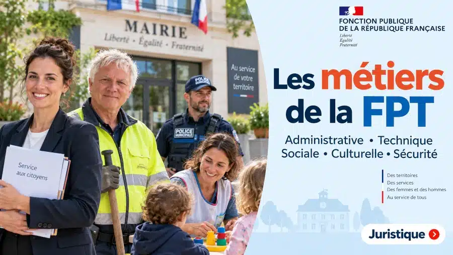 Illustration des métiers de la fonction publique territoriale avec des agents administratifs, techniques, sociaux et de sécurité