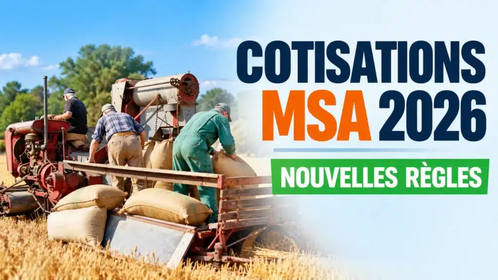 Travailleurs agricoles sur une ancienne machine de récolte illustrant les nouvelles règles des cotisations MSA en 2026.