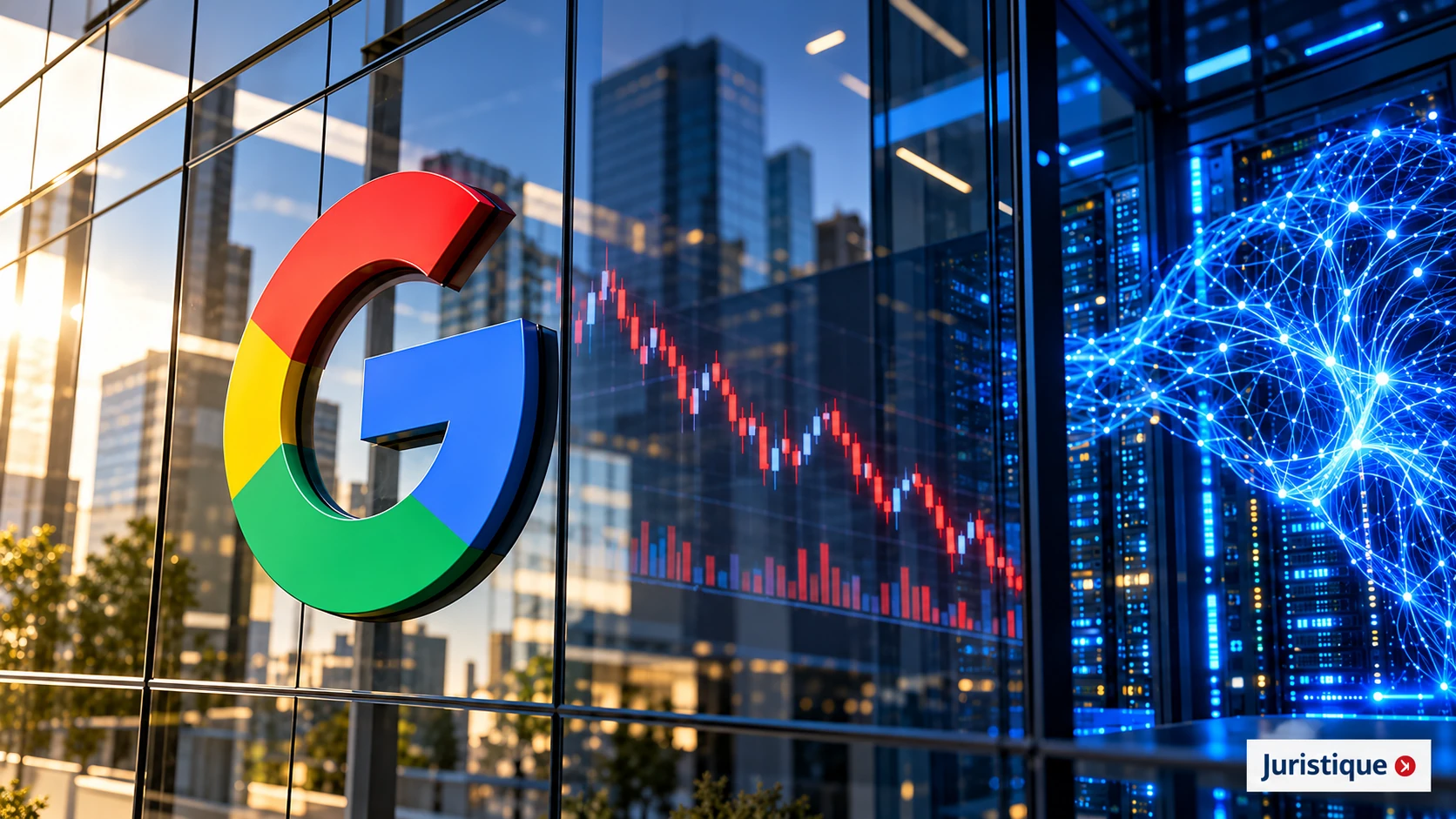 Logo Google devant une courbe boursière en baisse et un réseau d’intelligence artificielle.
