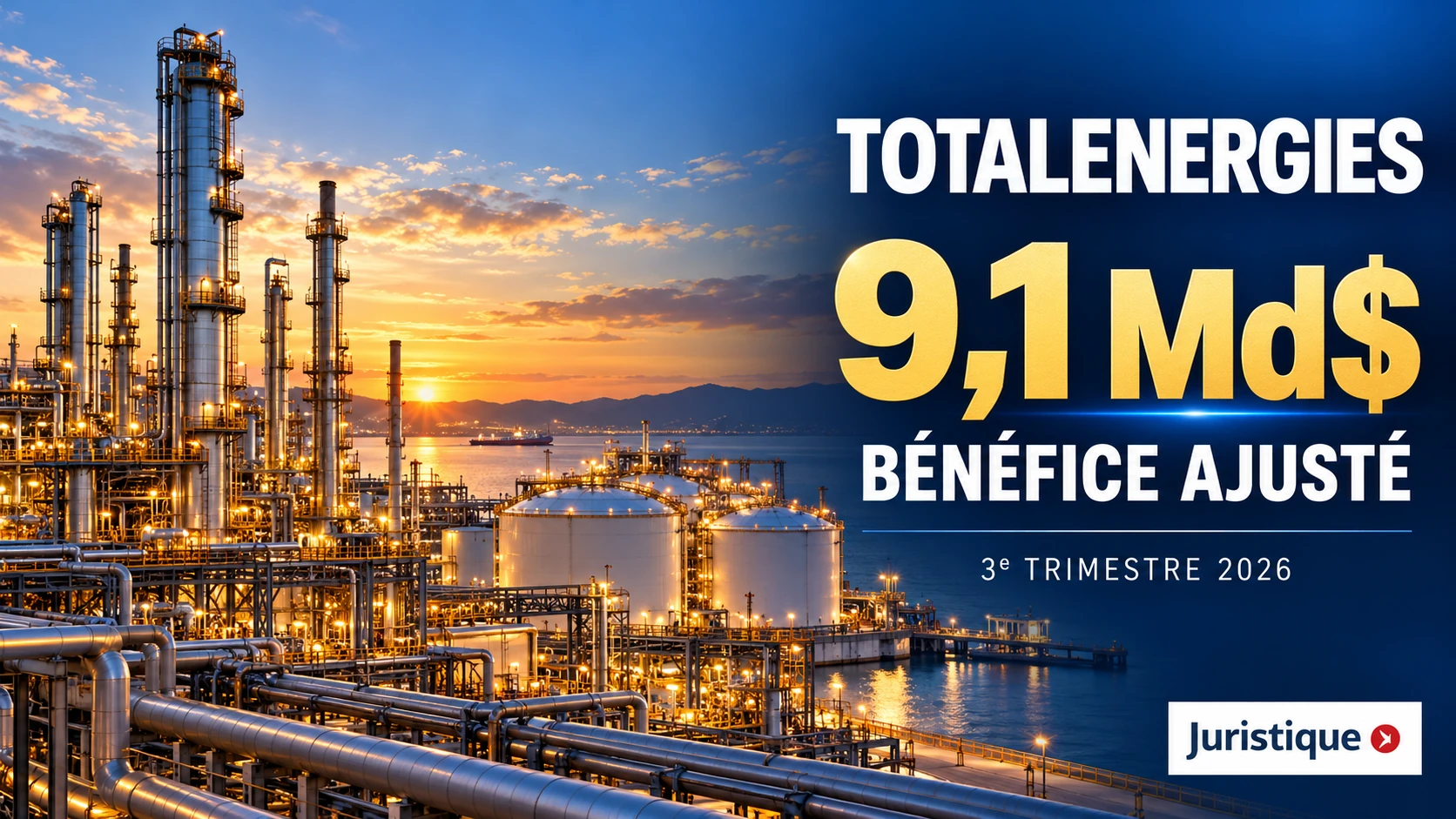 Résultats de TotalEnergies au troisième trimestre 2026 : bénéfice net ajusté de 9,1 milliards de dollars, illustré par une raffinerie.