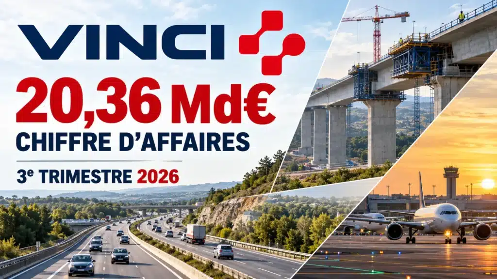 résultats de Vinci au troisième trimestre 2026 avec un chiffre d’affaires de 20,36 milliards d’euros et ses activités autoroutières, aéroportuaires et de construction.